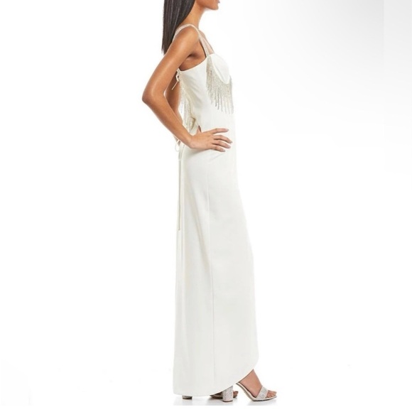 Gianni Bini Sweetheart Neckline Beaded Fringe Front Slit Black Embellished Dress - Picture 4 of 10